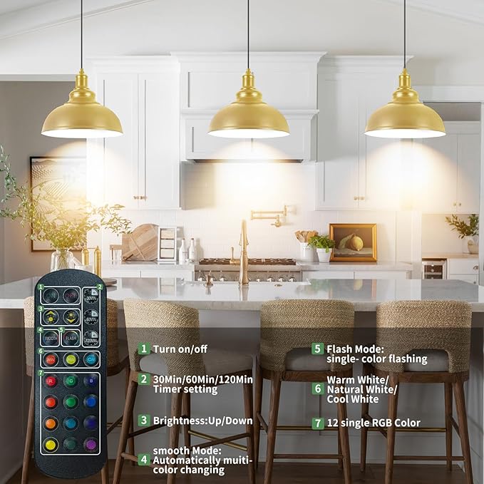 Battery Operated Pendant Lights, 2 Pack Rechargeable Pendant Light with Remote, Gold Pendant Light Fixtures for Kitchen island, Modern Industrial hanging Lights for Dining Room Hallway Bedroom