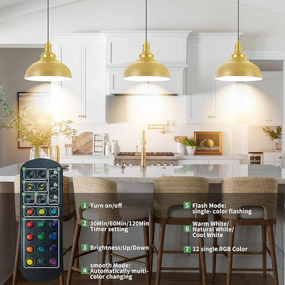 Battery Operated Pendant Lights, 2 Pack Rechargeable Pendant Light with Remote, Gold Pendant Light Fixtures for Kitchen island, Modern Industrial hanging Lights for Dining Room Hallway Bedroom