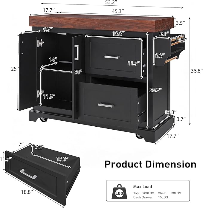 53" Large Kitchen Island with 3.5" Thick Desktop, Spice and Towel Racks, Rolling Kitchen Island with Storage on 5 Wheels, 2 Extra-Large Drawers, for Home, Kitchen, Dining Room, Black