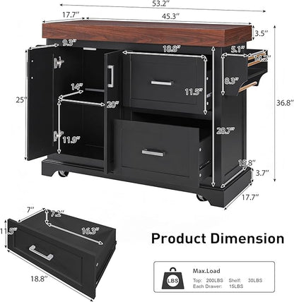 53" Large Kitchen Island with 3.5" Thick Desktop, Spice and Towel Racks, Rolling Kitchen Island with Storage on 5 Wheels, 2 Extra-Large Drawers, for Home, Kitchen, Dining Room, Black