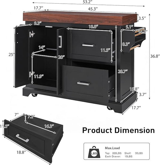 53.25" Large Kitchen Island with Storage on Wheels and 2 Extra-large Drawers, Rolling kitchen Island with Spice Rack and Towel Rack, Mobile Dining Table with 3.5" Thick Desktop and Cabinet Black