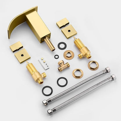 SUMERAIN Brushed Gold Waterfall Bathroom Faucet 3 Hole 8 Inch Widespread Bathroom Sink Faucet