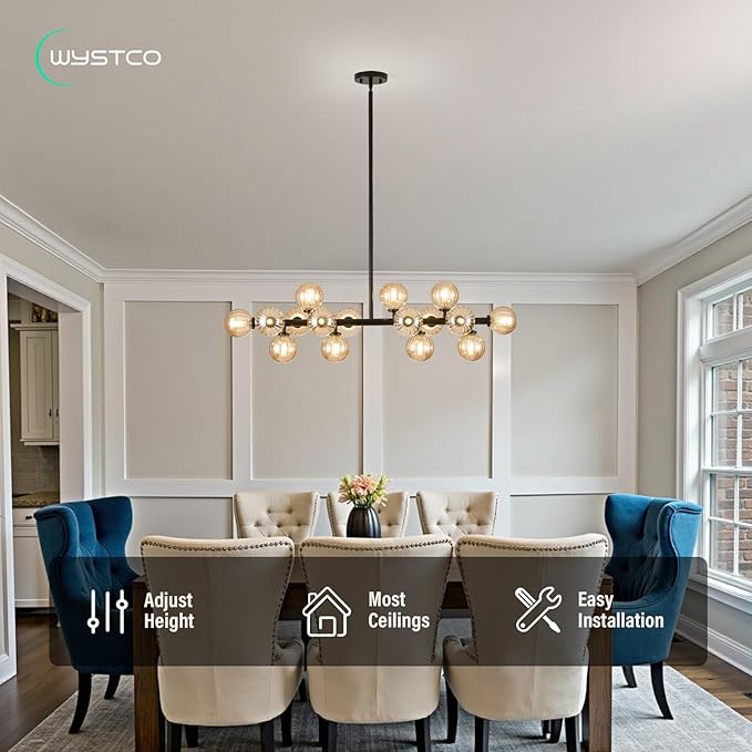 16-Light Globe Sputnik Chandelier, Linear Dining Room Light Fixture Over Table, Mid Century Modern Black Chandeliers for Dining Living Room, Kitchen Island Lighting (Amber Bubble, 40 Inch)