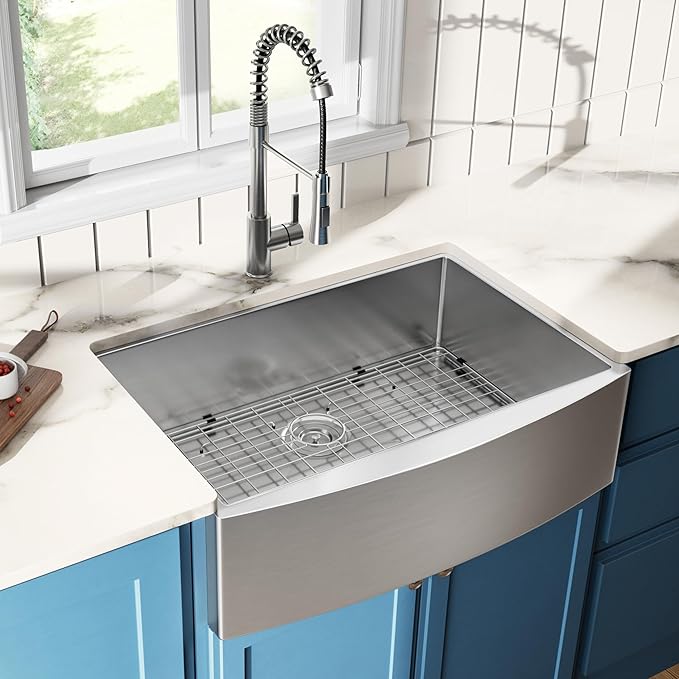 30"x 21" Farmhouse Kitchen Sink, ALWEN 18 Gauge Handmade Stainless Steel Apron-front Single Bowl Farm Sink with Accessories