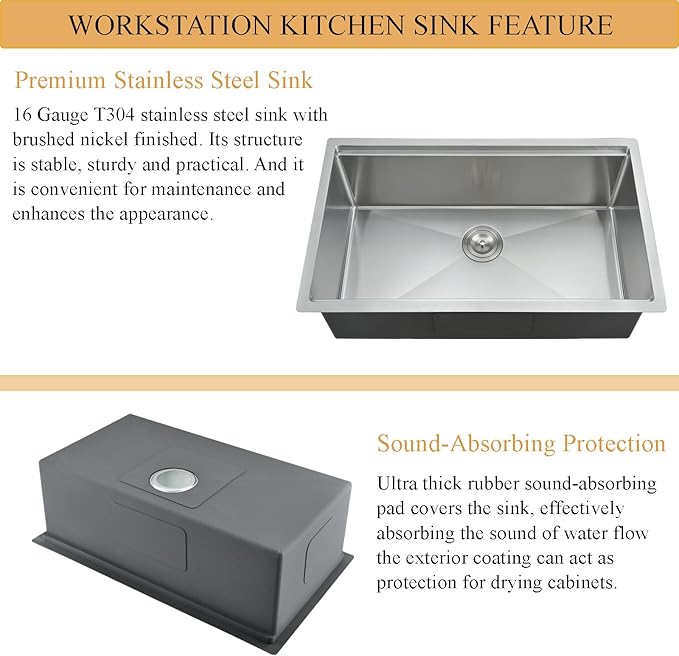 28 Inch Undermount Kitchen Sink, 28x18 Inch Stainless Steel Kitchen Sink Undermount Ledge Workstation 16 Gauge Handmade Commercial 10 Inch Deep Single Bowl Basin with Cutting Board