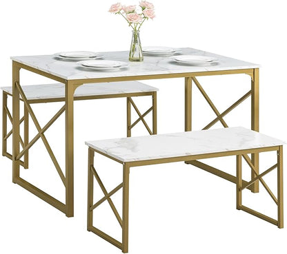 VECELO Kitchen Table with 2 Benches for 4, Wood Dining Room Dinette Sets with Metal Frame for Breakfast Nook and Small Space, Gold