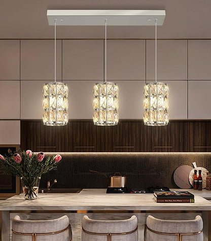 3-Lights Rectangle Modern Crystal Pendant Lights for Kitchen Island LED Dimmable Glam Pendant Lighting Chandelier for Dining Room Hallway Corner Lamp Nickel