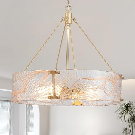 XINGQI 20.7“ Glass Gold Chandeliers for Dining Room, Drum 4-Light Over Table Hanging Pendant Lighting for Hight Ceiling Living Room Kitchen Island Bedroom Office