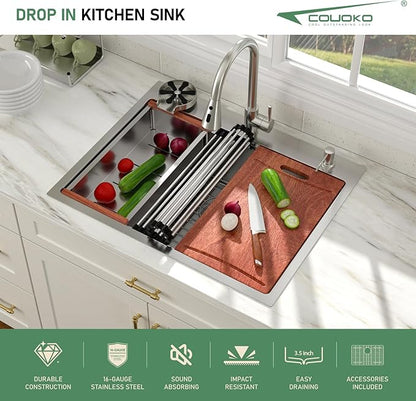 28x22 Drop In Kitchen Sink with Faucet Combo Workstation 16 Gauge Stainlee Steel Single Bowl Kitchen Sinks Large Deep Round Corner Handmade Overmount Topmount Sink Basin