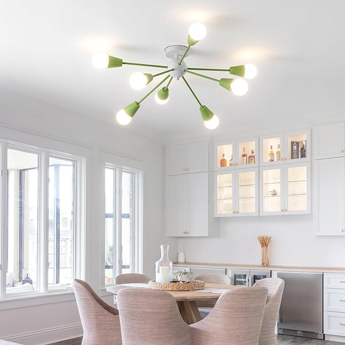 Green Sputnik Ceiling Light Fixture, 8-Lights Modern Sputnik Chandeliers for Dining Room,Indoor Kitchen Island Lighting for Bedroom Porch Entryway Living Room