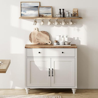 WAMPAT 34’‘ White Buffet Cabinet with Doors and Drawer, Wood Kitchen Storage Cabinet Modern Farmhouse Coffee Bar Table Sideboard Credenza for Dining Room