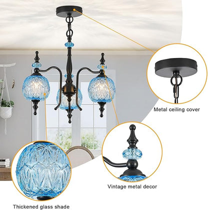 Vintage Blue Pendant Light Fixtures, 3-Light Chandeliers for Kitchen Bedroom Living Room Dining Room Hallway