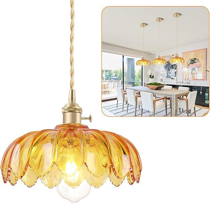 Kitchen Island Pendant Lights, E26 Nordic Pendant Lamp 10.3“ Small Vintage Style Amber Glass Hanging Lighting Fixtures Over Dining Room Table for Bedroom,Bar,Over Sink UL Certified Lighting