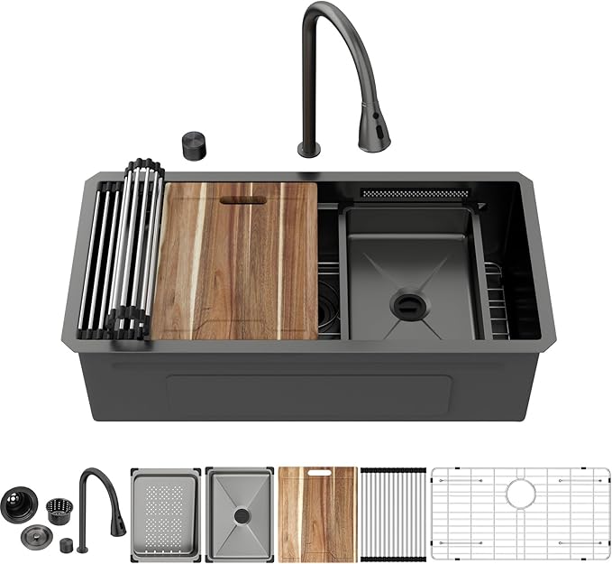 Kichae 33" Undermount Waterfall Kitchen Sink - 33x17 Black Undermount Sink Ledge Workstation 16 Gauge Stainless Steel Deep Single Bowl Under Counter Handmade Basin with Faucet Combo & Wash Basin