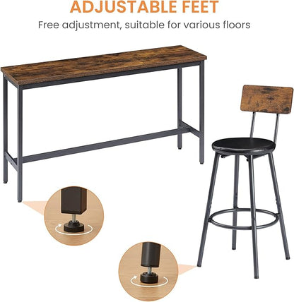 Long Bar Table Set with 3 PU Upholstered Stools, Industrial Bar Table and Chairs for Kitchen Breakfast Table, Living Room, Banquet Hall, Rustic Brown and Black, 63″L x15.7"W x 37.5"H (Rustic Brown)