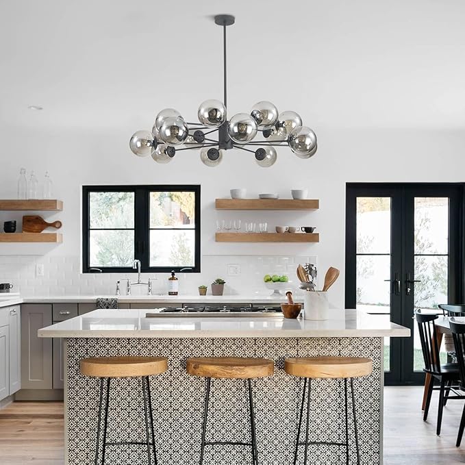 KCO Lighting Mid Century Modern Sputnik Chandelier Matte Black Smoke Gray Glass Sputnik Pendant Light 16-Light Globe Chandelier Farmhouse Kitchen Island Lighting Fixture (Black+Smoke Gray)