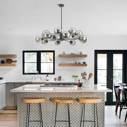 KCO Lighting Mid Century Modern Sputnik Chandelier Matte Black Smoke Gray Glass Sputnik Pendant Light 16-Light Globe Chandelier Farmhouse Kitchen Island Lighting Fixture (Black+Smoke Gray)