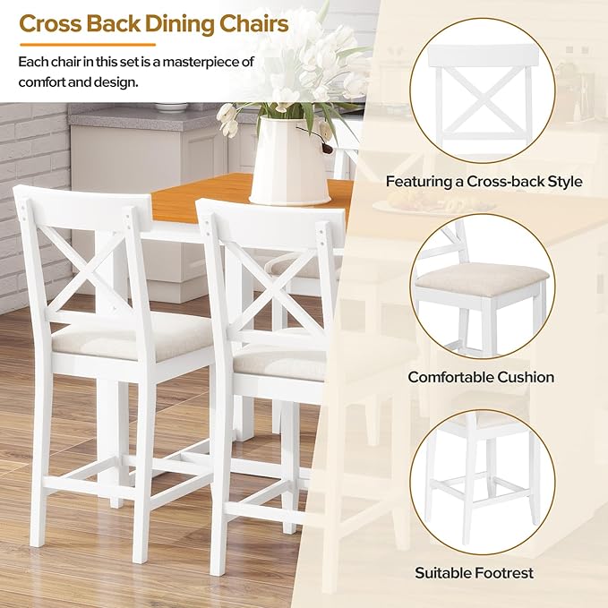 Industrial Farmhouse Dining Set 5 Piece, Counter Height Table with Storage Shelves, 60" Solid Wood Kitchen Island with 4 Comfortable Chairs, Space Saving Bar Height Dining Set for Apartment
