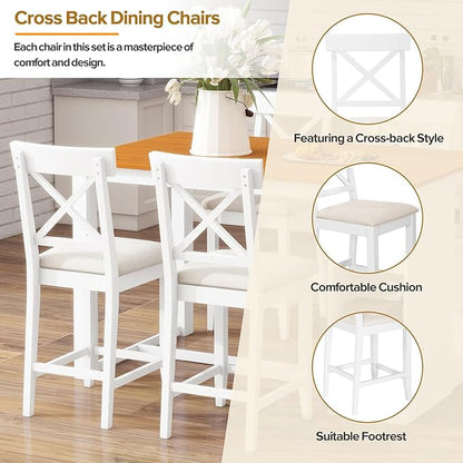 Industrial Farmhouse Dining Set 5 Piece, Counter Height Table with Storage Shelves, 60" Solid Wood Kitchen Island with 4 Comfortable Chairs, Space Saving Bar Height Dining Set for Apartment