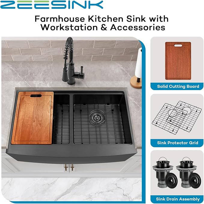 Black Farmhouse Sink 33" X 20",Black Kitchen Sink Double Bowl,33 inch Apron-Front Farmhouse Workstation Sinks,16 Gauge Stainless Steel Double Kitchen Sink