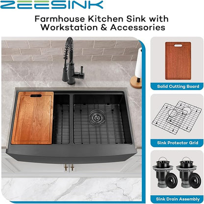 Black Farmhouse Sink 33" X 20",Black Kitchen Sink Double Bowl,33 inch Apron-Front Farmhouse Workstation Sinks,16 Gauge Stainless Steel Double Kitchen Sink