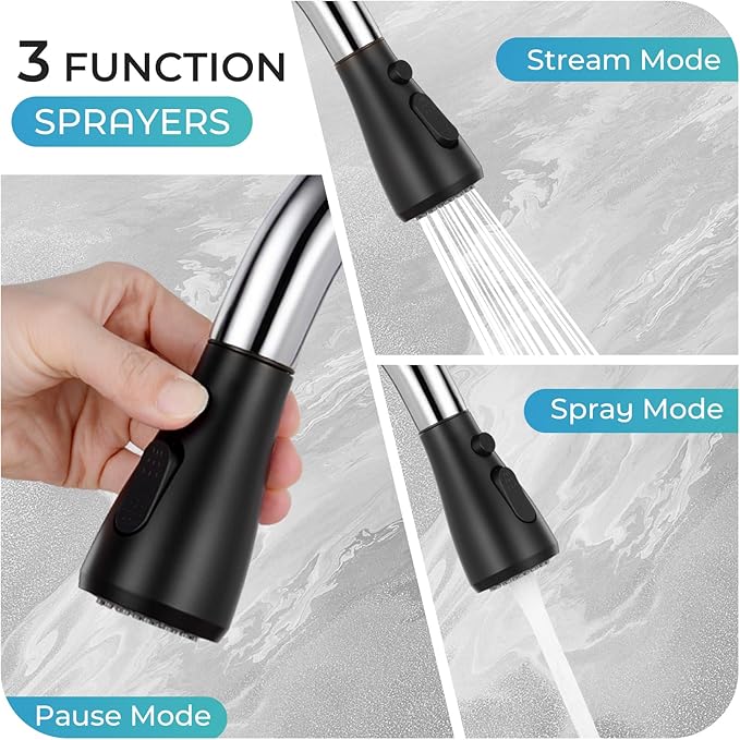 Kitchen Faucet with Pull Down Sprayer - Black & Chrome Single Handle Kitchen Faucets, High Arc Stainless Steel Pull Out Kitchen Sink Faucet with Deck for RV Laundry Farmhouse Bar