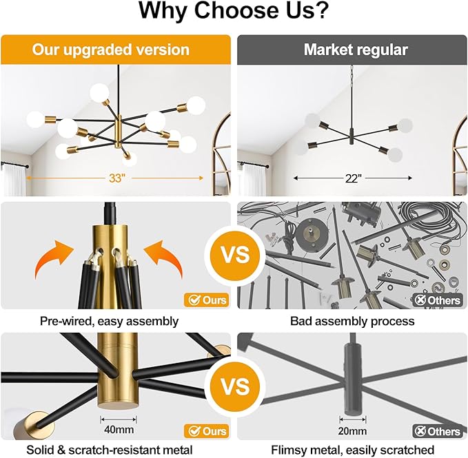 32" Modern Chandelier Ceiling Light Fixture, 10-Light Sputnik Chandeliers Brushed Gold and Black Dining Room Light Fixture, Height Adjustable Chandeliers for Dining Room Living (Bulbs Not Included)