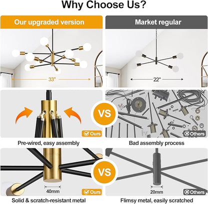 32" Modern Chandelier Ceiling Light Fixture, 10-Light Sputnik Chandeliers Brushed Gold and Black Dining Room Light Fixture, Height Adjustable Chandeliers for Dining Room Living (Bulbs Not Included)