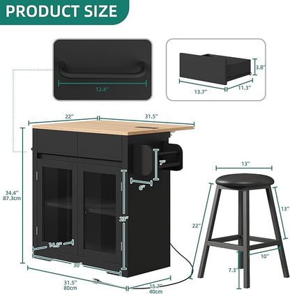 YITAHOME Rolling Kitchen island with Seating and LED Lights, Mobile Storage Islands with Drop Leaf, Dining Table with Power Outlet, 2 Drawers and Soft Stools, Spice/Towel Rack, Lacquered Finish, Black