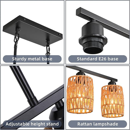 Rattan Pendant Lights for Kitchen Island,6-Light Boho Coastal Chandelier,Bohemian Rustic Pendant Light Fixture for Dining Room,Height Adjustable,Matte Black Farmhouse Woven Hanging Lights Over Table