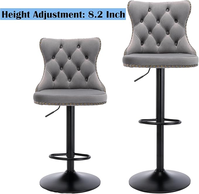 Rhomtree Velvet Swivel Bar Stools Upholstered Bar Stool with Button Tufted Back and Pull Ring Height Adjustable Barstools 25-33 Inch for Home Pub and Kitchen Island (Gray with Black Base, Set of 2)