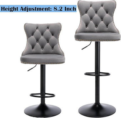 Rhomtree Velvet Swivel Bar Stools Upholstered Bar Stool with Button Tufted Back and Pull Ring Height Adjustable Barstools 25-33 Inch for Home Pub and Kitchen Island (Gray with Black Base, Set of 4)