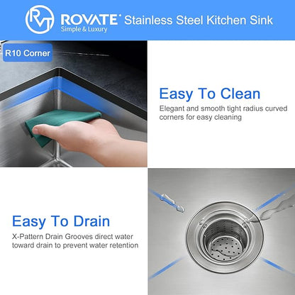 Bar Sink, ROVATE 15 x 15 x 8 inch Bar or Prep Kitchen Sink Undermount, Single Bowl T-304 Stainless Steel Small Sinks Handmade with Strainer