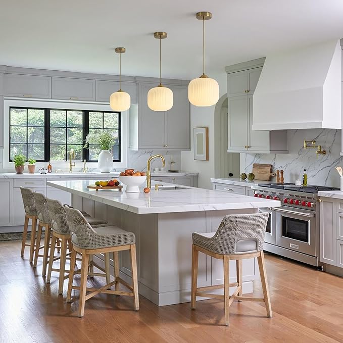 KCO Lighting Mid Century Modern Gold White Pendant Light Milk Glass Globe Pendant Lights Kitchen Island Antique Brass Pendant Light Vintage Hanging Light Fixture for Dining Room Living Room (2-Pack)