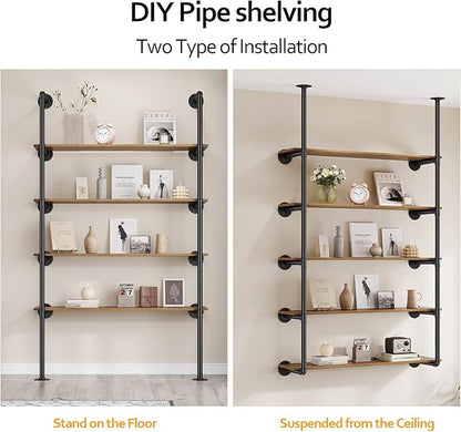 Industrial Iron Pipe Shelf Wall Mount, Farmhouse DIY Open Bookshelf, Pipe Shelves for Kitchen Bathroom, bookcases Living Room Storage, 2Pack of 5 Tier