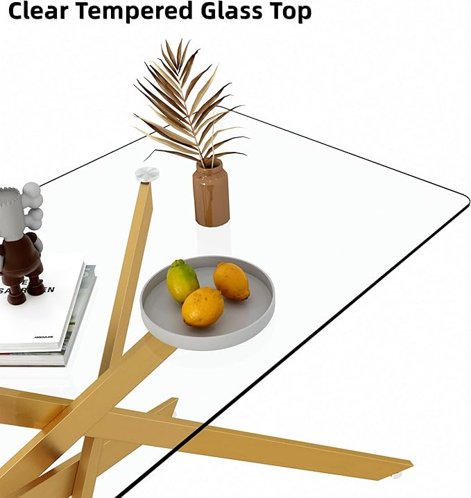 Gold Glass Dining Table for 6 Modern 60.6" Rectangular Kitchen Dining Room Table for 4-6 with X-Shape Metal Base Large Clear Glass Top Dining Tables for Home Kitchen