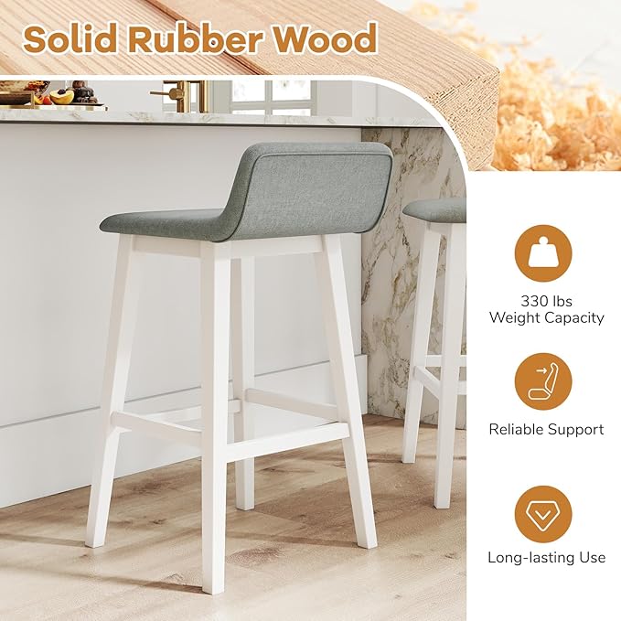 Giantex 29" Bar Stools Set of 2, Upholstered Bar Height Barstools with Low Back, Footrest, Armless Wood Bar Chairs for Kitchen Island, Dining Room, White & Gray