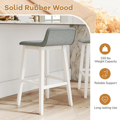 Giantex 29" Bar Stools Set of 2, Upholstered Bar Height Barstools with Low Back, Footrest, Armless Wood Bar Chairs for Kitchen Island, Dining Room, White & Gray