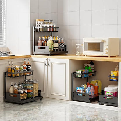Saydear Under Sink Organizer Storage 2-Tier Premium Metal Pull-Out Kitchen Cabinet Organizer with Sliding Drawer, Height Adjustable, Heavy Duty for Kitchen & Bathroom Organizers 1 Pack Black