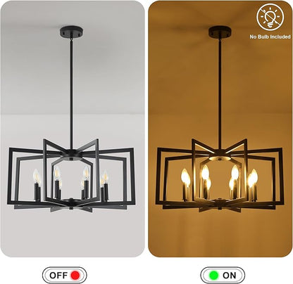 Klgxnrd 8-Light Modern Farmhouse Black Geometric Chandelier, Adjustable Height Dining Room Light Fixtures Over Table, Large Industrial Metal Chandeliers for Dining Room Kitchen Island Entryway
