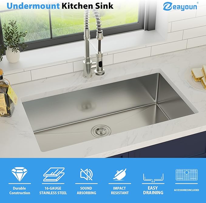 33 Inch Undermount Kitchen Sink 16 Gague Stainless Steel Single Bowl Handmade Sinks Large Deep Under Counter Basin 33"x19"x9"