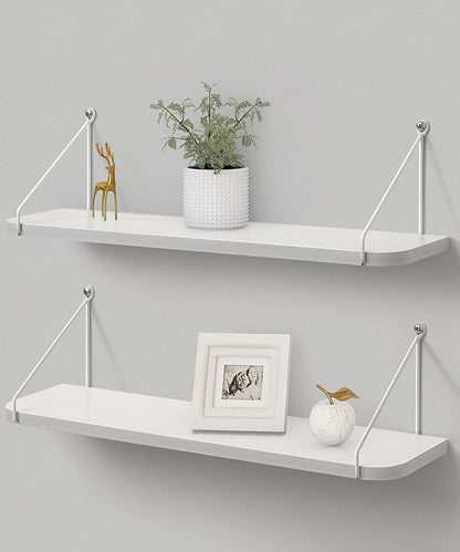 Afuly White Floating Shelves, 24 inch Long Shelves for Wall, Hanging Storage Shelf for Kitchen Bedroom Living Room, Wood Chic Wall Decor, Set of 2