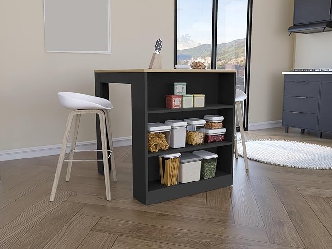 Kitchen Counter Dining Table with 2 Legs and 3 Open Side Shelves Modern Elegant Auxiliary Dining Table for Storage Practical(Black)