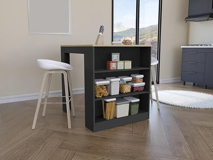 Kitchen Counter Dining Table with 2 Legs and 3 Open Side Shelves Modern Elegant Auxiliary Dining Table for Storage Practical(Black)