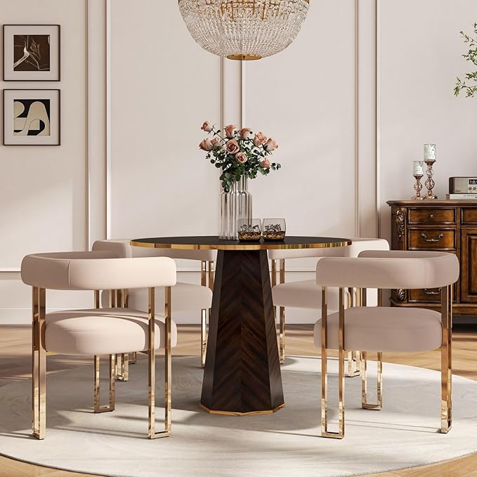 Hyfirm Velvet Dining Chairs Set of 4, Khaki Upholstered Barrel Armchairs with Gold Metal Legs for Kitchen Island, Mid Century Modern Accent Side Chairs for Dining Room and Living Room, Open-Back