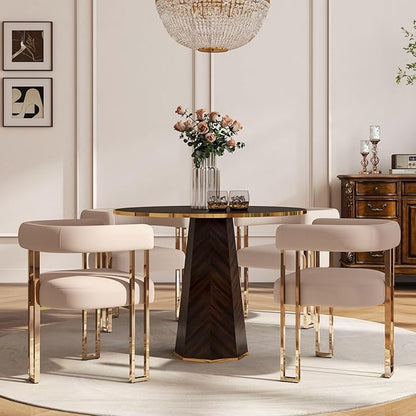 Hyfirm Velvet Dining Chairs Set of 4, Khaki Upholstered Barrel Armchairs with Gold Metal Legs for Kitchen Island, Mid Century Modern Accent Side Chairs for Dining Room and Living Room, Open-Back