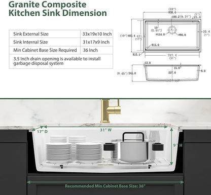 33 Inch White Undermount Kitchen Sink Workstation Granite Composite Quartz Single Bowl Undermount Sinks Large Deep Under Counter Classic Sink Basin, 33"x19"