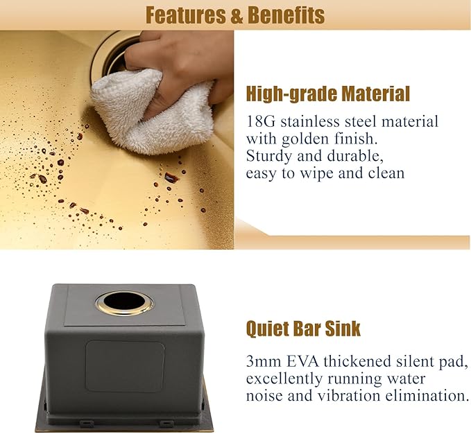 Gold Undermount Bar Sink Workstation,16x19 Small Kitchen Sink Brushed Gold Bar Sinks Undermount 18 Gauge Single Bowl Stainless Steel Kitchen Sinks with Cutting Board