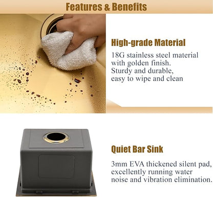 Gold Undermount Bar Sink Workstation,16x19 Small Kitchen Sink Brushed Gold Bar Sinks Undermount 18 Gauge Single Bowl Stainless Steel Kitchen Sinks with Cutting Board