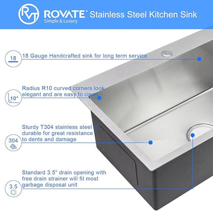ROVATE 28 ×18 Inch Drop-in Kitchen Sink 304 Stainless Steel Single Bowl, Handmade 18 Gauge 9 Inches Deep Kitchen Sink Topmount with Basket Strainer